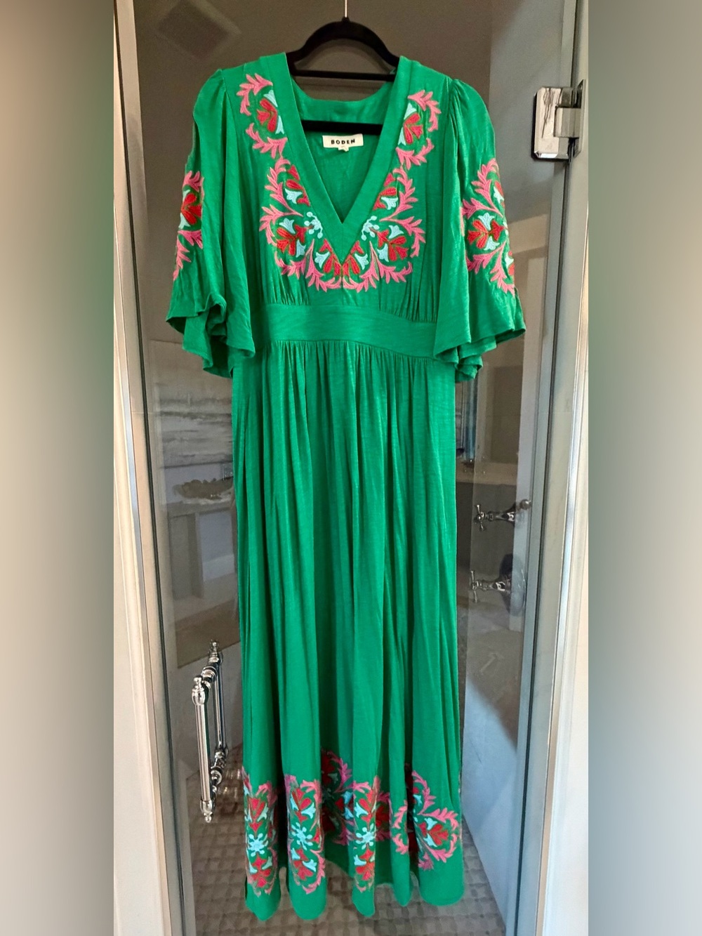 Boden Emerald Green Maxi Dress with Pink & Red Embroidery